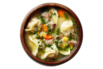 Hot meat pork soup with vegetables and doughboys dumplings in wooden bowl, isolated on white background, New Zealand cuisine