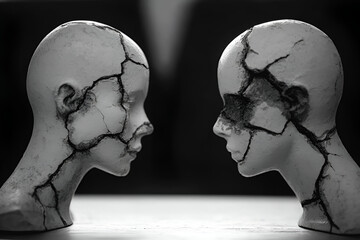 Two cracked mannequin heads symbolize the fragility of identity and mental health.