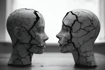 Two cracked mannequin heads symbolize the fragility of identity and the human experience in a thought-provoking manner.