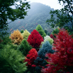 Vibrant autumn trees showcasing a spectrum of colors against a misty mountain backdrop, celebrating nature's beauty.