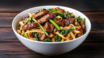 Bowl of beef chow fun with tender beef, flat noodles, and green vegetables, showcasing smoky wok hay flavor. dish is appetizing and well presented