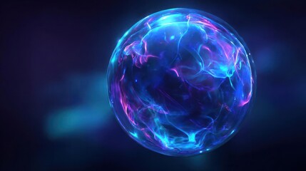 Mysterious glowing orb with swirling electric blue and purple energy emanating from within against a dark background