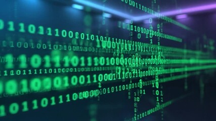 Digital deluge with binary data streams in green on blue-purple gradient - Powered by Adobe