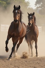 Fototapeta premium Two brown horses running in a cloud of dust outdoors with sunlight