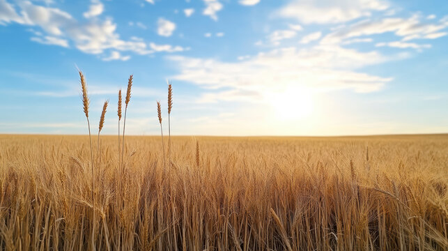 Golden wheat field under bright blue sky with scattered clouds, creating tranquil and cinematic horizon - Powered by Adobe