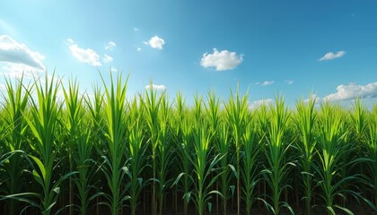 Obraz premium Sugar cane grows in field under blue sky. Green sugar cane stalks thrive in sun. Crop sways in breeze. Agriculture industry farming sugarcane cultivation. Sunny day in countryside.