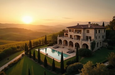 Expansive Italian villa with pool sits on rolling hills at sunset. Vineyards surround estate, cypress trees line manicured lawn. Luxury mansion offers serene countryside views, peaceful escape.