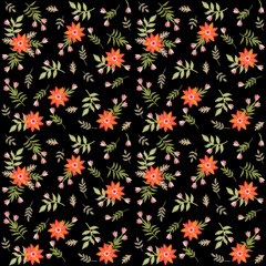 Seamless natural pattern on a black background. Beautiful floral embroidery. Romantic botanical print for fabric. Embroidered pink buds, orange flowers and green leaves.