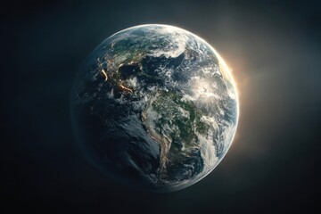 Vibrant planet earth illuminated by a soft golden sunrise showcasing continents and clouds against the vastness of space