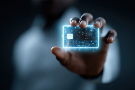 Digital Transformation. Hand holding futuristic credit card with holographic display.