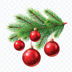 red decoration balls hanging from christmas tree branch isolated on transparent background 