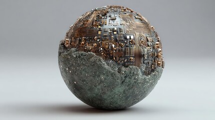 Intricate abstract egg shaped sculpture with textured metallic and earthy green surfaces on a neutral background