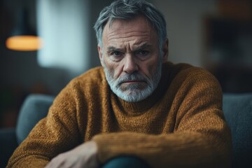Sick senior gray-haired man suffering from pain and a sprained leg, arthritis, and varicose veins. Sitting at home on the sofa, holding his hands on the knee, managing physical, Generative AI