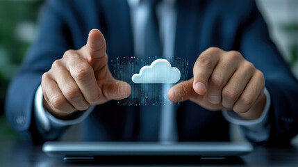 Businessman interacts with digital cloud icon, symbolizing modern technology and data storage. image conveys innovation and connectivity in professional setting