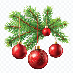 red decoration balls hanging from christmas tree branch isolated on transparent background 