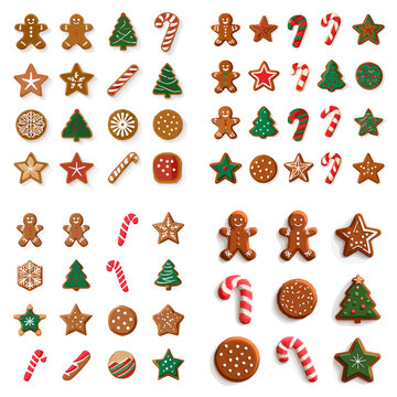Festive Christmas cookie set featuring gingerbread men, stars, candy canes, snowflakes, and decorated treats. Perfect for holiday graphics, baking themes, seasonal cards, and winter designs.