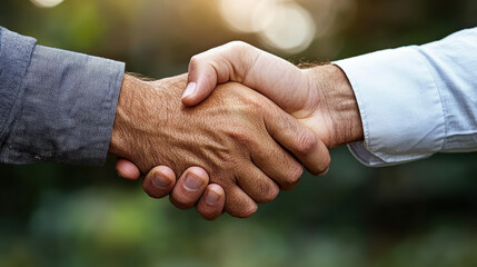 Two people shaking hands warmly in sunlight, symbolizing trust and agreement. close up captures essence of successful negotiation and mutual respect
