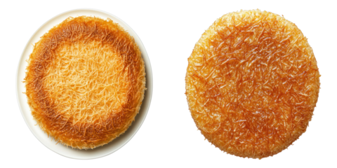 Two delicious Kunafa cakes, showcasing the golden color, crunchy texture and sweet taste. These desserts offer a delightful treat for any occasion