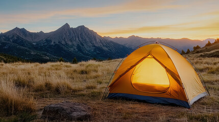 Glowing tent sits on grassy ridge at dawn, surrounded by tranquil mountains under cinematic sky. serene landscape evokes sense of peace and adventure