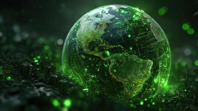 A glowing green egg shaped earth protected by a luminous energy shield in a dark futuristic environment