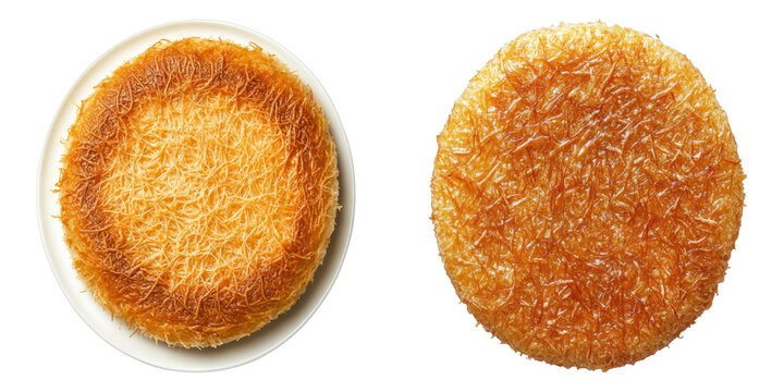 Two delicious Kunafa cakes, showcasing the golden color, crunchy texture and sweet taste. These desserts offer a delightful treat for any occasion
