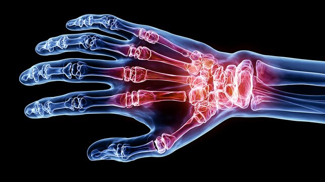 High quality image of xray image of a hand showing arthritis inflammation and pain in the wrist.