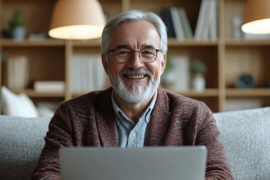 Gray-haired old smiling man having a video call on a laptop, sitting on the sofa at home and talking remotely, maintaining connection with family or colleagues despite personal, Generative AI