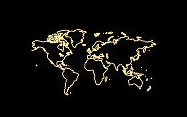 Minimalist world map with gold outline on black background. Perfect for travel agencies, global travel companies, and businesses evoking adventure. Generative AI. High quality
