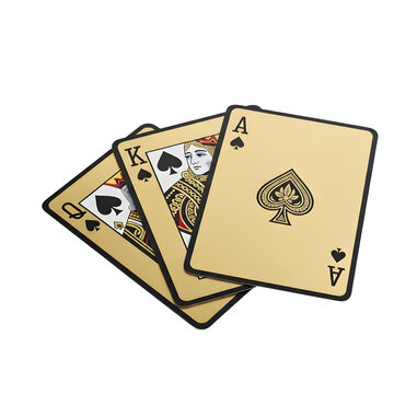 Three golden playing cards ace king queen of spades showing the suit symbol isolated on transparent background