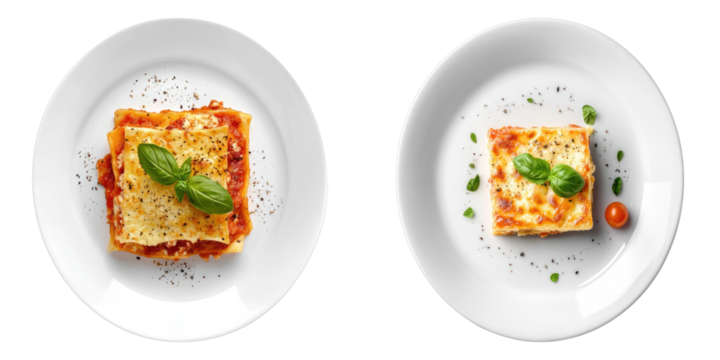 Two plates of delicious lasagna, perfectly plated and ready to enjoy. Each serving is adorned with a sprig of basil.