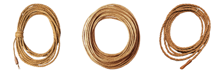 Coiled brown ropes in various arrangements, creating interesting shapes and patterns. The ropes are neatly arranged, showcasing their texture and form.