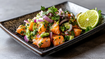 Fresh ceviche with lime marinated fish, chili, cilantro, and red onion served on black plate, garnished with lime slice