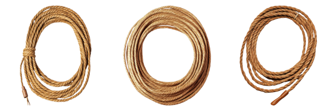 Coiled brown ropes in various arrangements, creating interesting shapes and patterns. The ropes are neatly arranged, showcasing their texture and form.