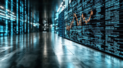 Digital stock market display with glowing blue and orange graphs and data lines, reflecting on shiny floor, conveys futuristic financial environment