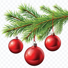 red decoration balls hanging from christmas tree branch isolated on transparent background 