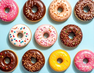 Colorful donuts with various toppings on a blue background