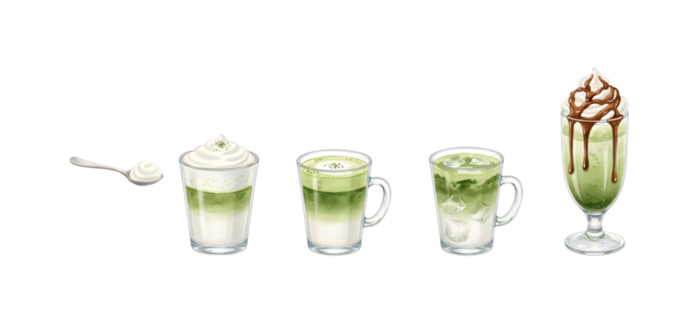 A collection of watercolor illustrations featuring matcha drinks. You've got matcha latte, matcha cappuccino, whipped cream with brown sugar sauce, matcha powder, foamy milk, and more.