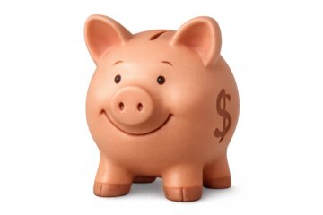 Piggy bank saving money, making investment and financial wealth building with dollar currency symbol on transparent background