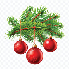 red decoration balls hanging from christmas tree branch isolated on transparent background 