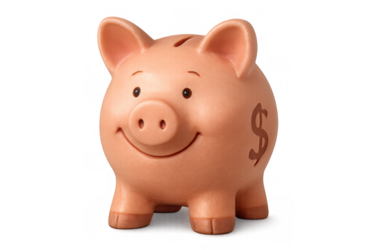 Piggy bank saving money, making investment and financial wealth building with dollar currency symbol on transparent background