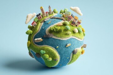 Whimsical miniature globe with colorful buildings and lush green landscapes representing a vibrant and diverse planet