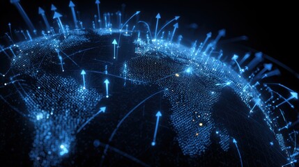 A digital globe with glowing blue arrows representing global connectivity and data flow in modern technology.