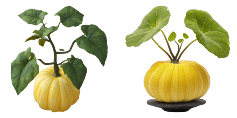 Two artistic plant arrangements, showcasing unique natural beauty in an indoor setting. These plants grow out of the pumpkin in a unique way