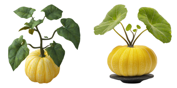 Two artistic plant arrangements, showcasing unique natural beauty in an indoor setting. These plants grow out of the pumpkin in a unique way