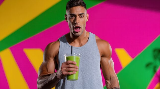 A muscular man stands in a vibrant gym holding a green smoothie. The colorful background adds energy and motivation to fitness and health themes. - Powered by Adobe