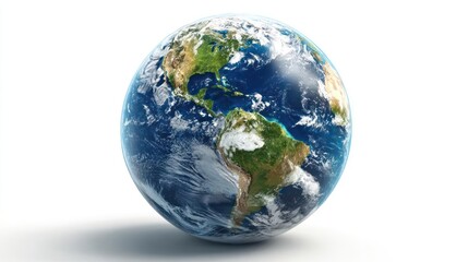 Obraz premium A vibrant realistic depiction of planet earth as a glowing orb with continents and clouds against a stark white background