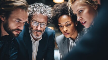 A diverse group of professionals collaborates intensely over a project, showcasing teamwork and innovation.