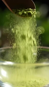 matcha powder falling from spoon into glass bowl