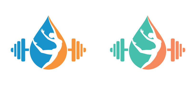 Stylized logo featuring a human silhouette within a water drop shape, flanked by dumbbells, symbolizing fitness and hydration.