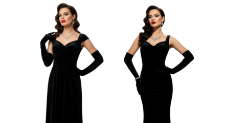 Elegant Woman In Black Velvet Gown Posed With Matching Gloves And Jewelry isolated on Transparent Background